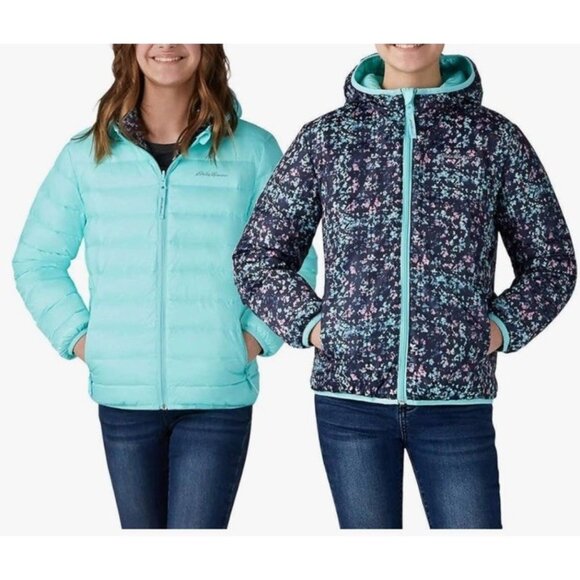 Eddie Bauer Girls Reversible Hooded Down Jacket (Aqua/Navy Print, M 10/12) - Picture 1 of 10
